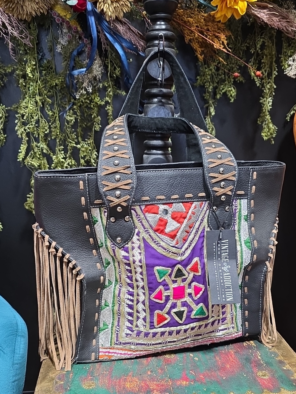 Vintage Addiction Black Leather Tote with Embroidered Panels